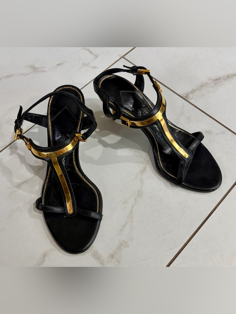 Tom Ford Black and Gold T-Strap Sandals Gold Heel 37